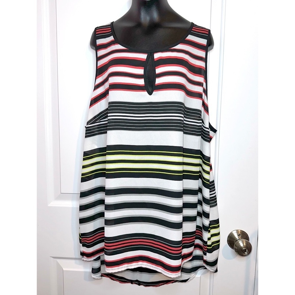 Maurice’s striped black, coral, lime, white tunic blouse